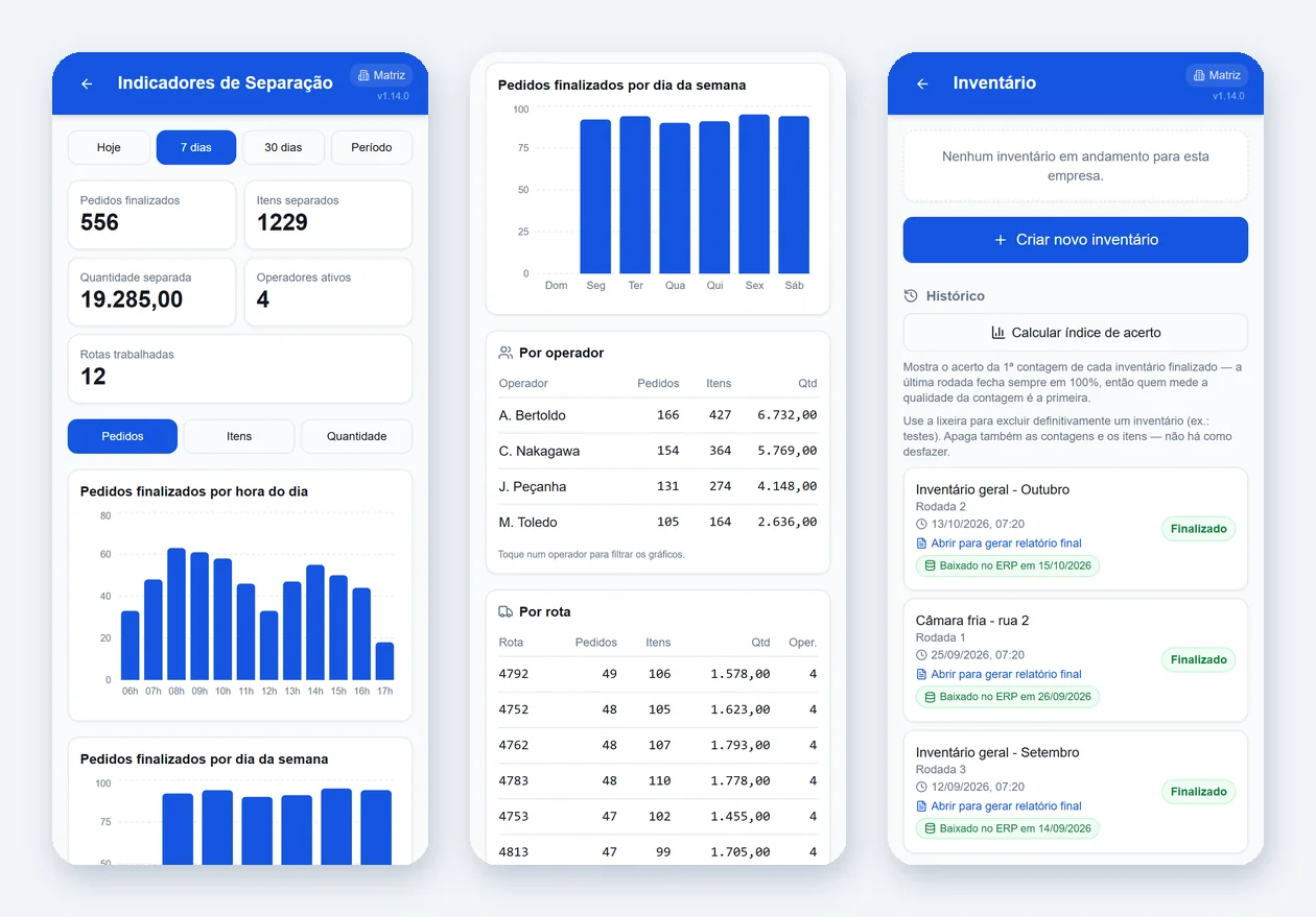 Telas do RAM Expedição: indicadores de separação por hora do dia e por operador, e histórico de inventários com a situação de baixa no ERP