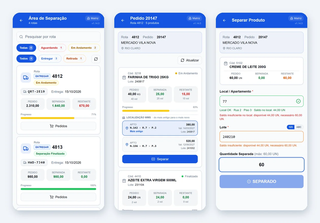 Telas do RAM Expedição: rotas com progresso, produtos do pedido com apartamento, rua, piso, lote e validade, e a separação barrada por saldo insuficiente no local