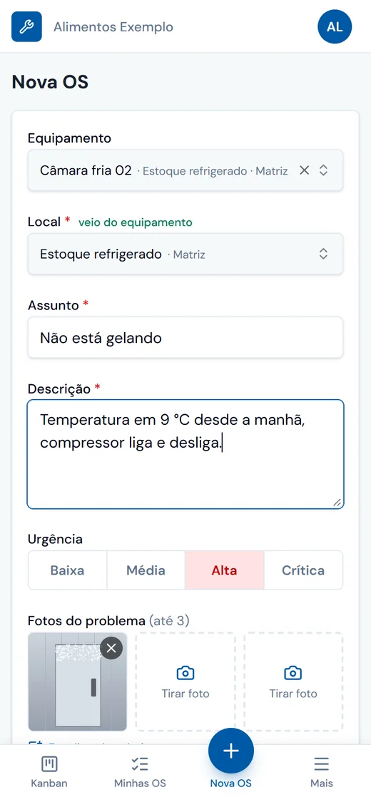 Tela Nova OS do RAM OS no celular: equipamento Câmara fria 02, local preenchido pelo equipamento, assunto, descrição, urgência Alta e foto do problema