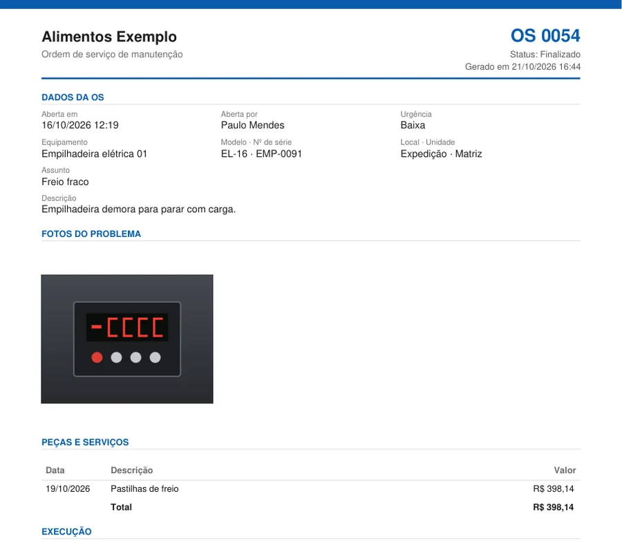 PDF de uma ordem de serviço de manutenção gerado pelo RAM OS, com dados da OS, foto do problema e peças e serviços com total