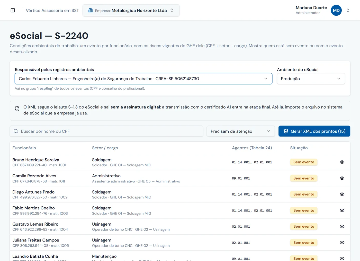 Tela do eSocial S-2240 no RAM SST, com o responsável pelos registros ambientais escolhido, a lista de funcionários com os agentes da Tabela 24 e o botão Gerar XML dos prontos
