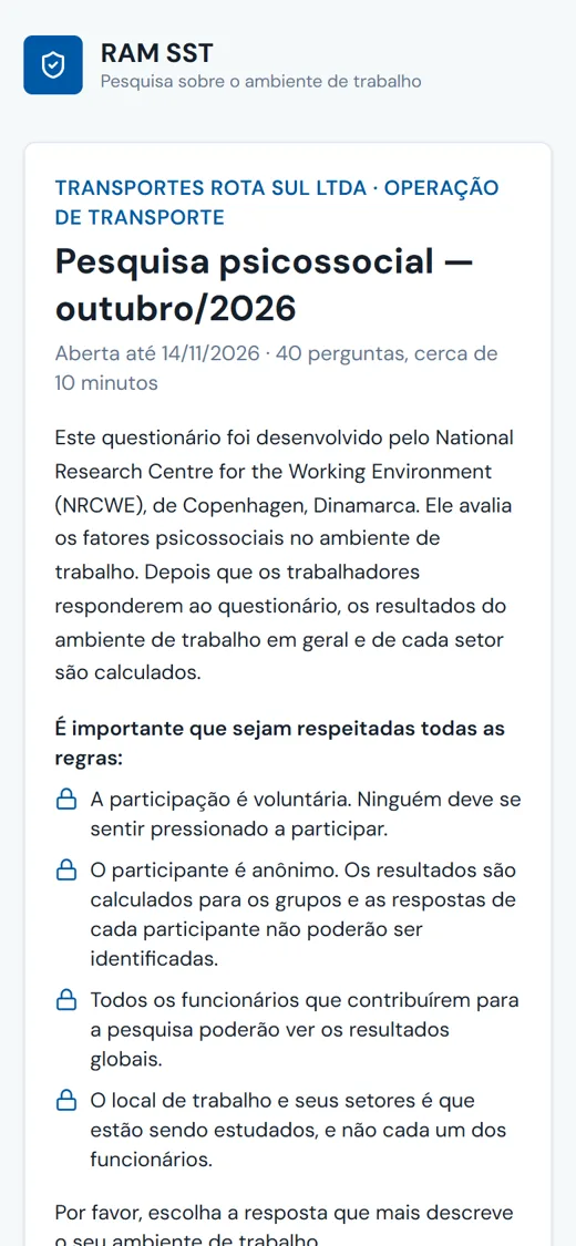 Tela de abertura da pesquisa psicossocial no celular, com o setor Operação de transporte e as regras de participação voluntária e anônima