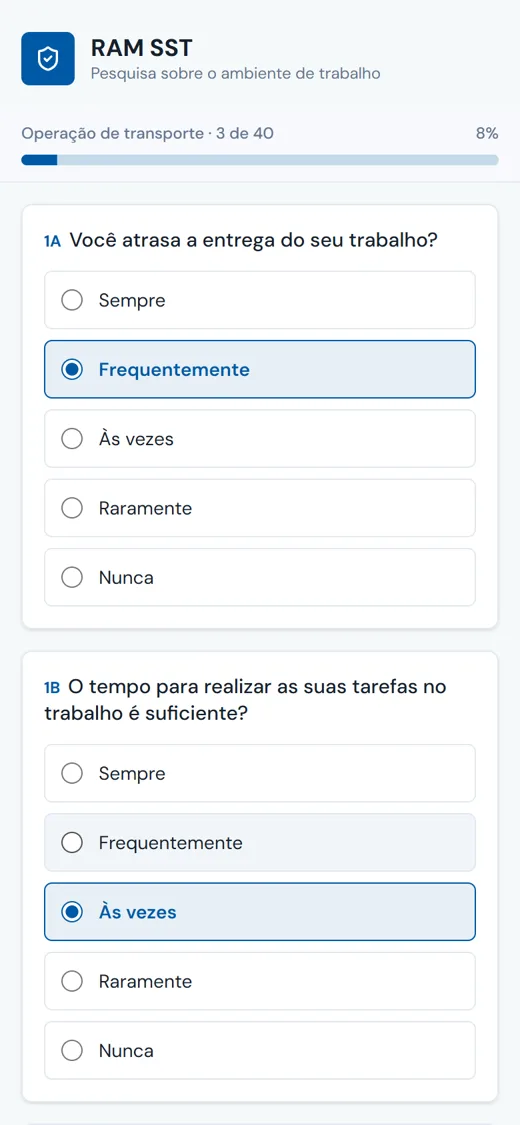 Perguntas do questionário COPSOQ II-Br no celular, com barra de progresso 3 de 40 e opções de Sempre a Nunca