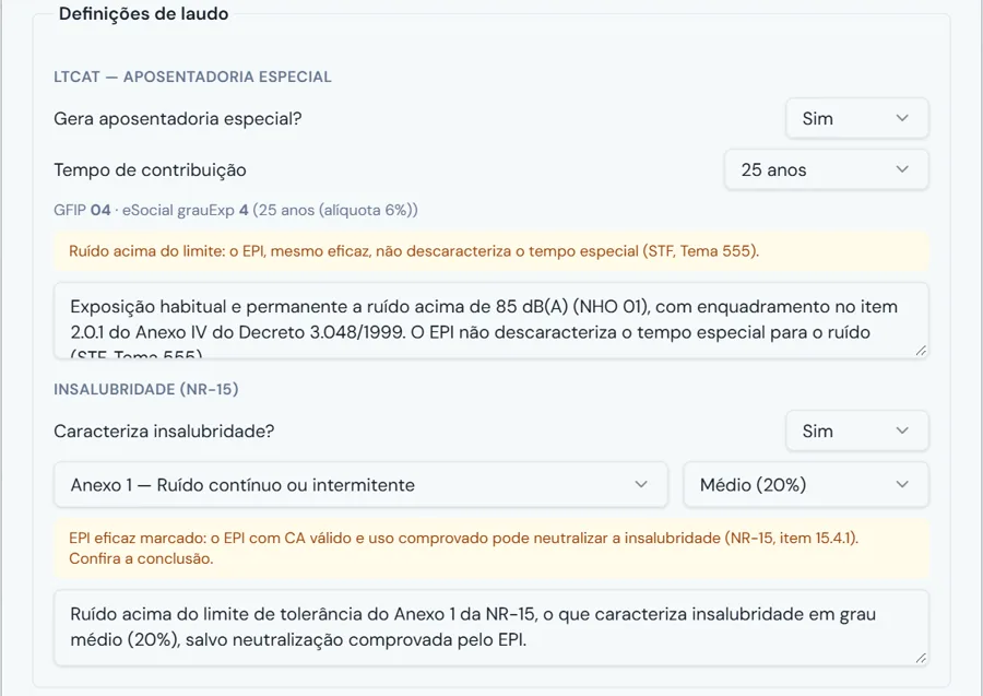 Definições de laudo de um risco de ruído no RAM SST: aposentadoria especial de 25 anos com GFIP 04 e insalubridade pelo Anexo 1 da NR-15 em grau médio, com avisos sobre o Tema 555 do STF e o EPI eficaz