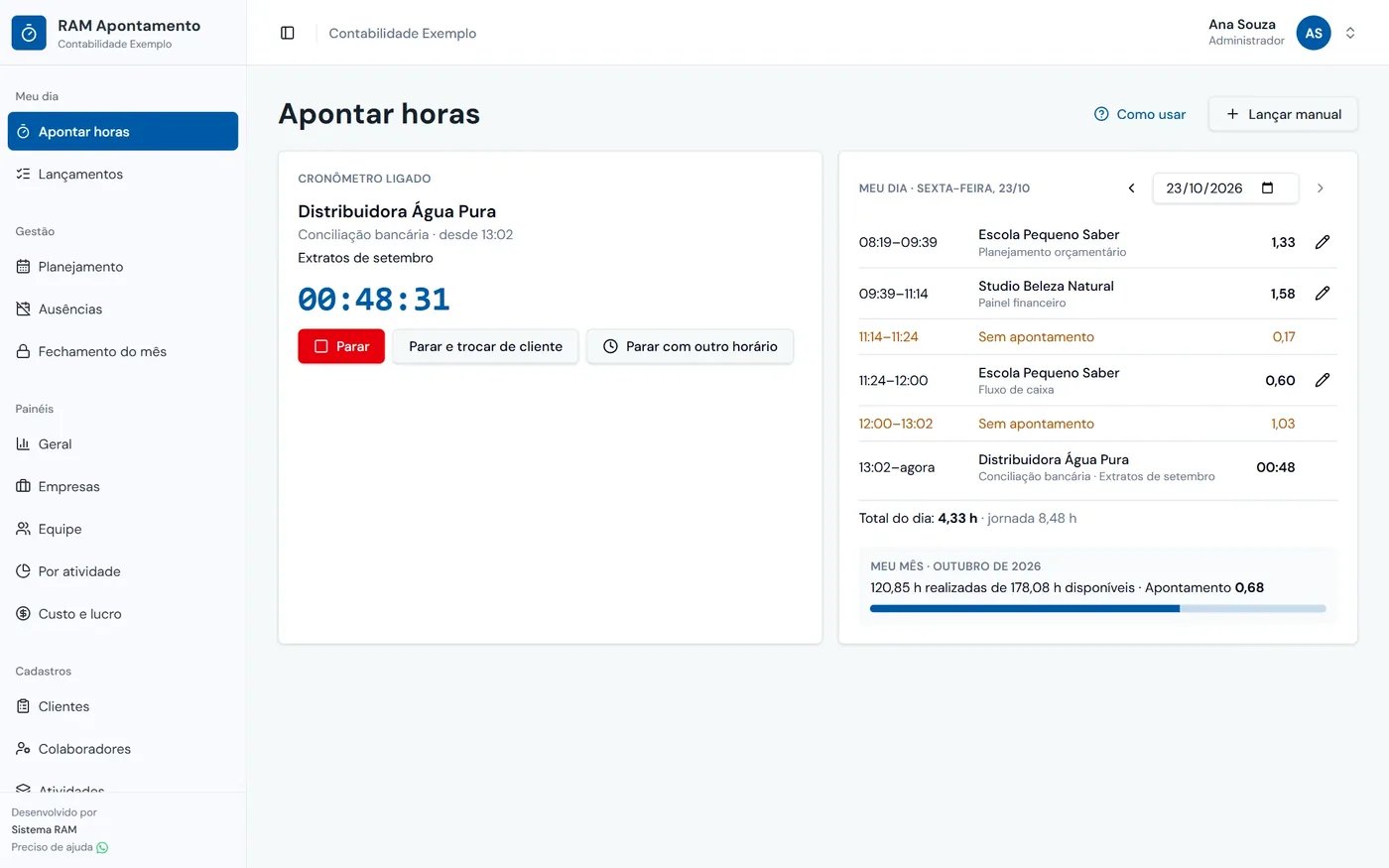 Tela Apontar horas do RAM Apontamento: cronômetro ligado no cliente Distribuidora Água Pura, conciliação bancária, e ao lado o Meu dia com os períodos apontados e os intervalos sem apontamento