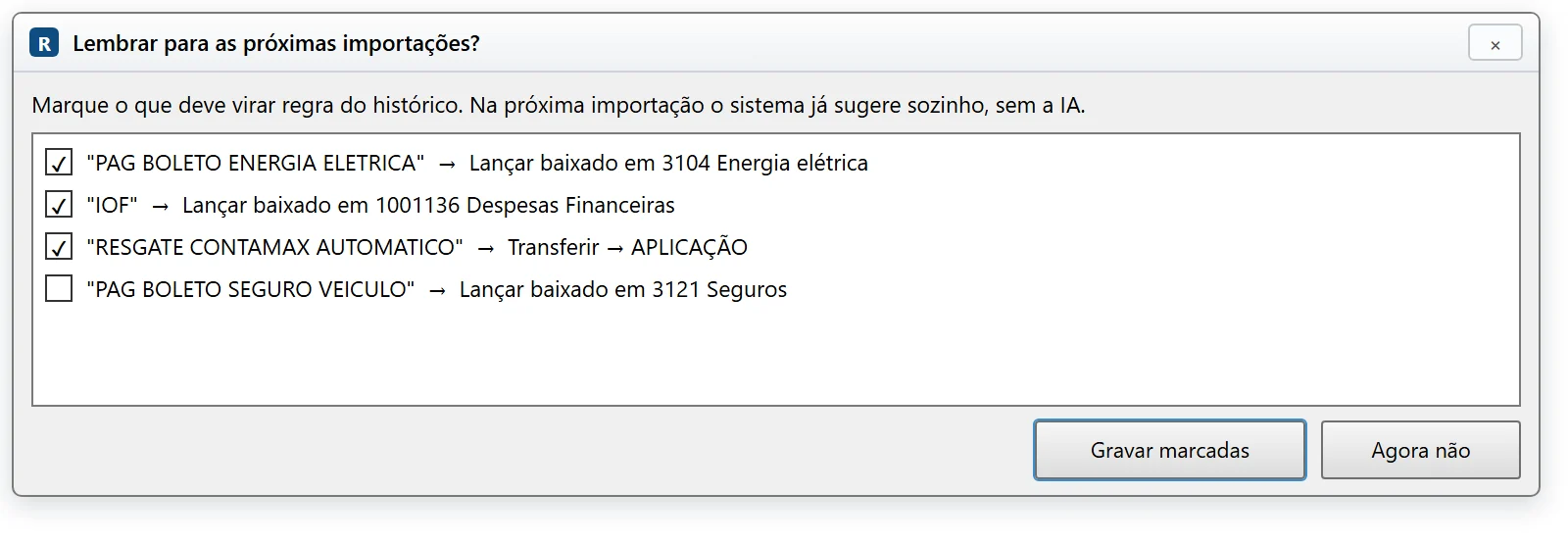 Janela Lembrar para as próximas importações, com sugestões da IA para virar regra do histórico, como conta de energia, IOF e resgate automático