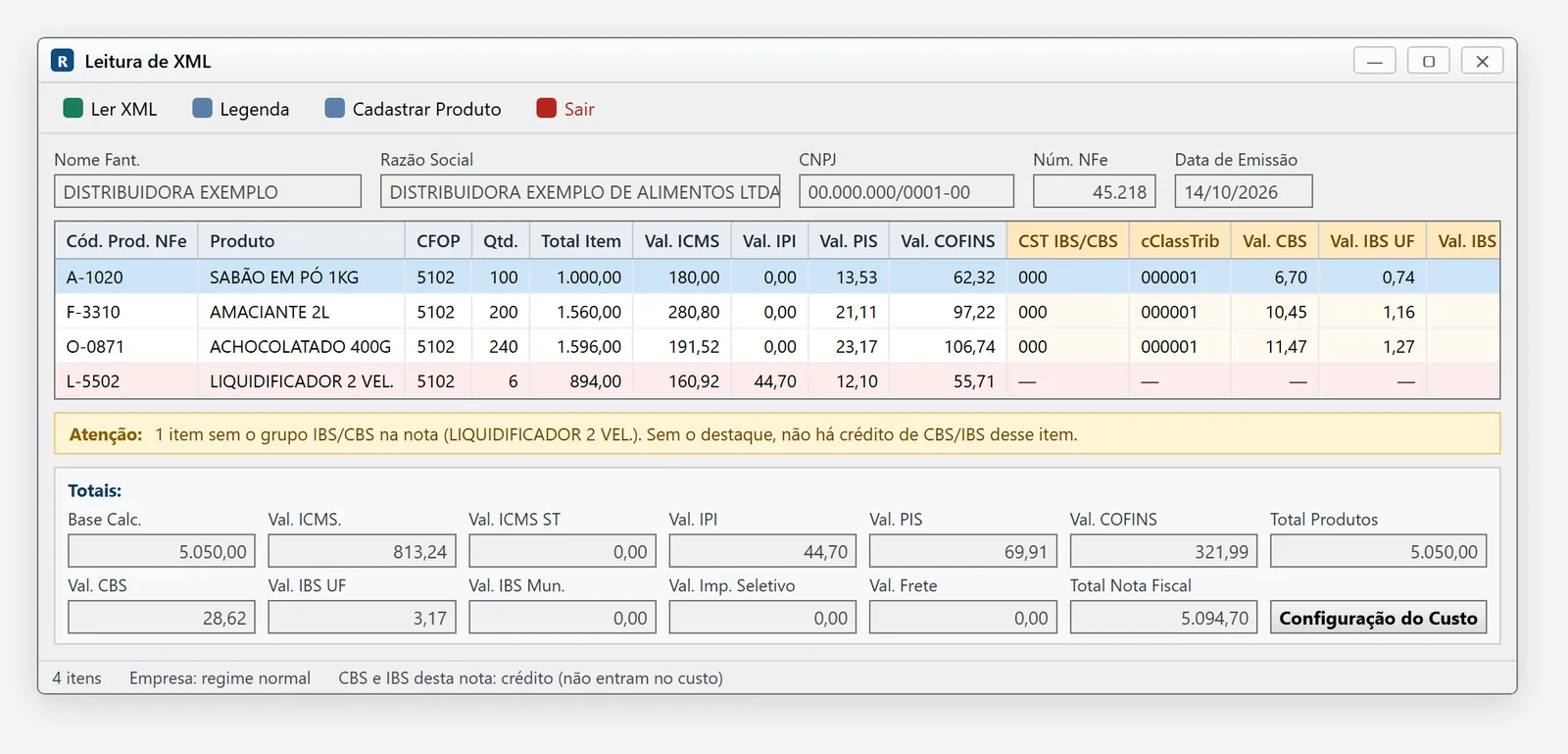 Tela Leitura de XML do Sistema RAM com as colunas de CBS e IBS por item e o aviso de item sem o grupo IBS/CBS, com dados fictícios